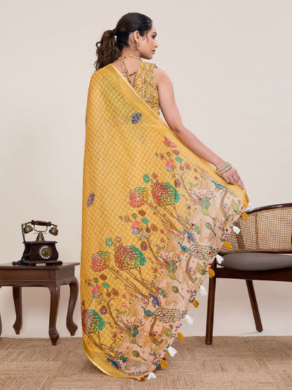 Dwija Fashion Yellow Casual Wear Linen Saree Mirror Work With Unstitched Blouse