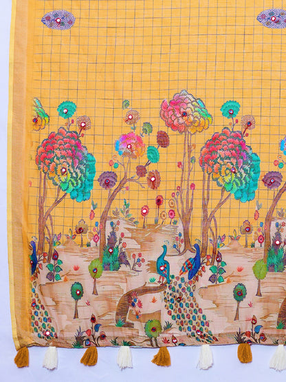 Dwija Fashion Yellow Casual Wear Linen Saree Mirror Work With Unstitched Blouse