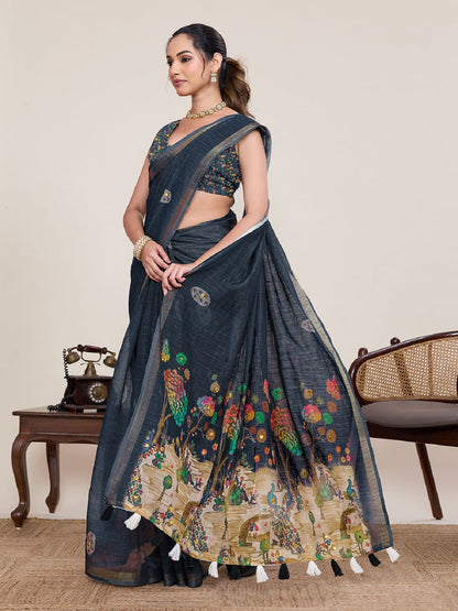 Dwija Fashion Black Casual Wear Linen Saree Mirror Work With Unstitched Blouse