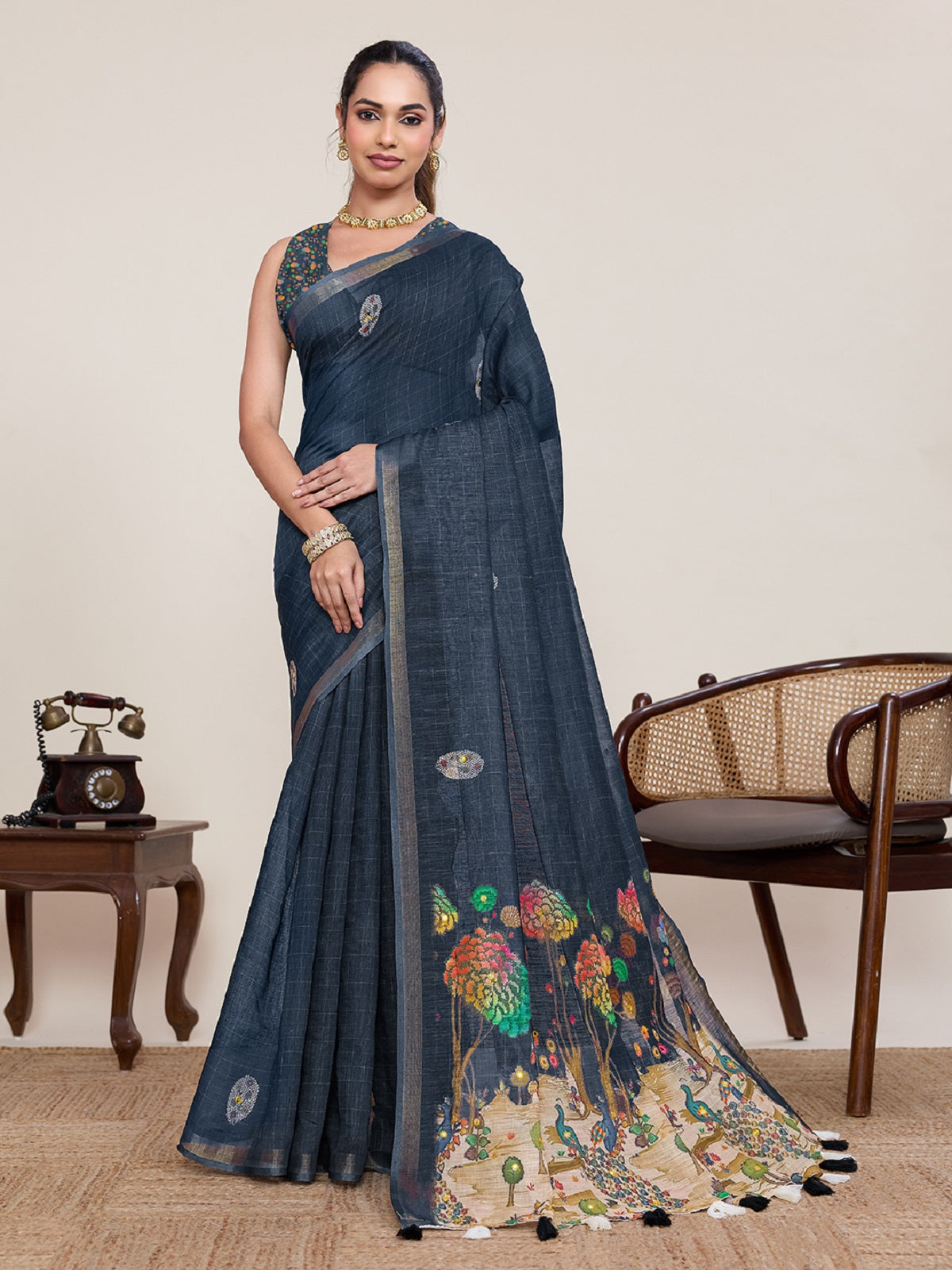Dwija Fashion Black Casual Wear Linen Saree Mirror Work With Unstitched Blouse