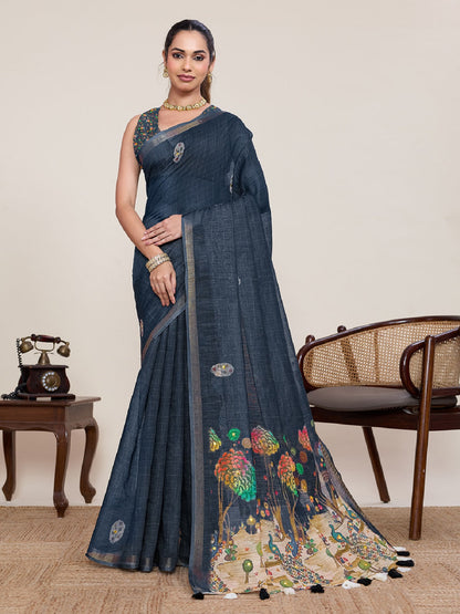 Dwija Fashion Black Casual Wear Linen Saree Mirror Work With Unstitched Blouse