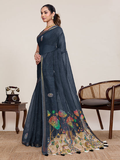 Dwija Fashion Black Casual Wear Linen Saree Mirror Work With Unstitched Blouse