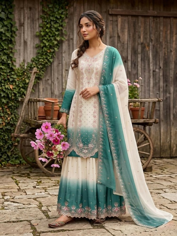 Teeya Creation New Trending Heavy Dual Tone Peding Star Georgette Green Kurta Set