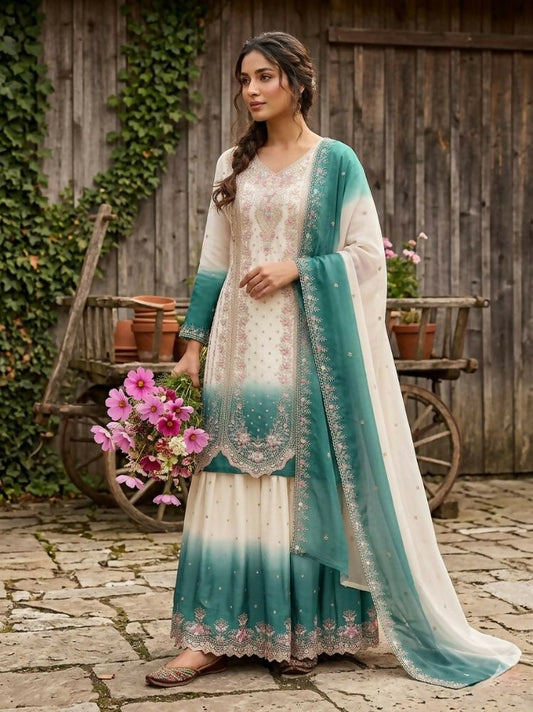 Teeya Creation New Trending Heavy Dual Tone Peding Star Georgette Green Kurta Set