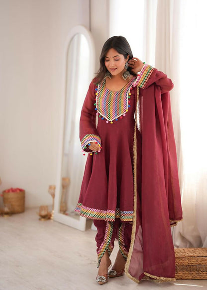 Teeya Creation New Women's Maroon Designer Peplum Kurti with Dhoti Salwar and Multicolor Embroidered Border