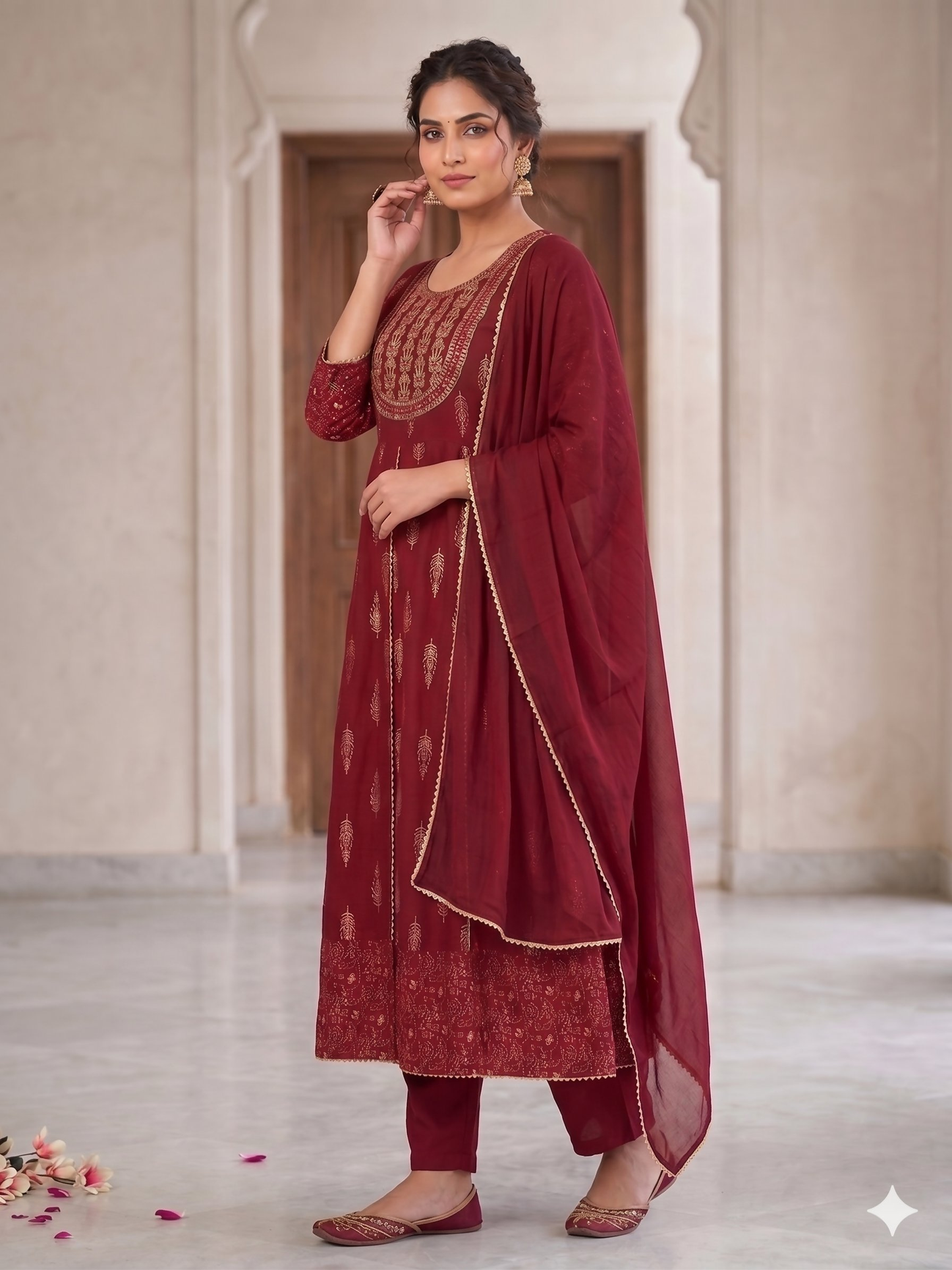 Teeya Creation Women's Maroon Fully Stitched Anarkali Kurta With Pant And Dupatta Set