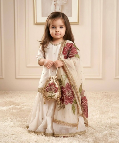 Teeya Creation New Kids Trendy Wedding Wear Traditional Kurta Sharara Set-White