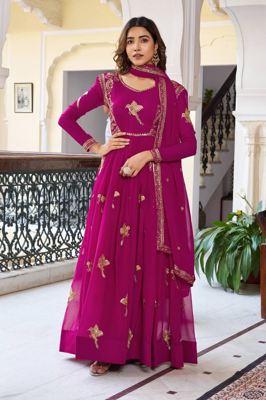 Lehenga Mart Designer Anarkali Suit With Kurta Palazzo Dupatta For Women-Deep Pink