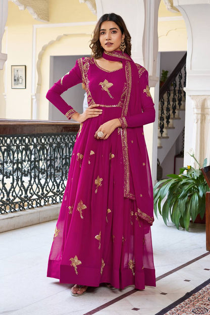 Lehenga Mart Designer Anarkali Suit With Kurta Palazzo Dupatta For Women-Deep Pink