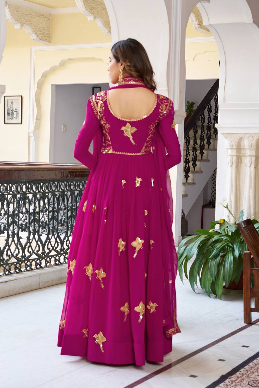 Lehenga Mart Designer Anarkali Suit With Kurta Palazzo Dupatta For Women-Deep Pink