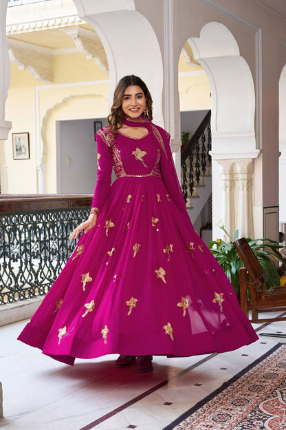 Lehenga Mart Designer Anarkali Suit With Kurta Palazzo Dupatta For Women-Deep Pink