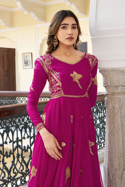 Lehenga Mart Designer Anarkali Suit With Kurta Palazzo Dupatta For Women-Deep Pink
