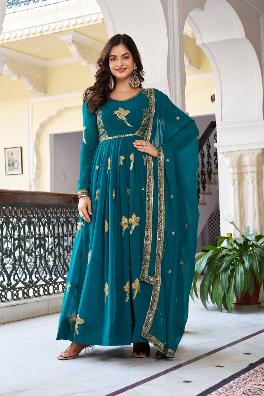 Lehenga Mart Designer Anarkali Suit With Kurta Palazzo Dupatta For Women-Teal Blue