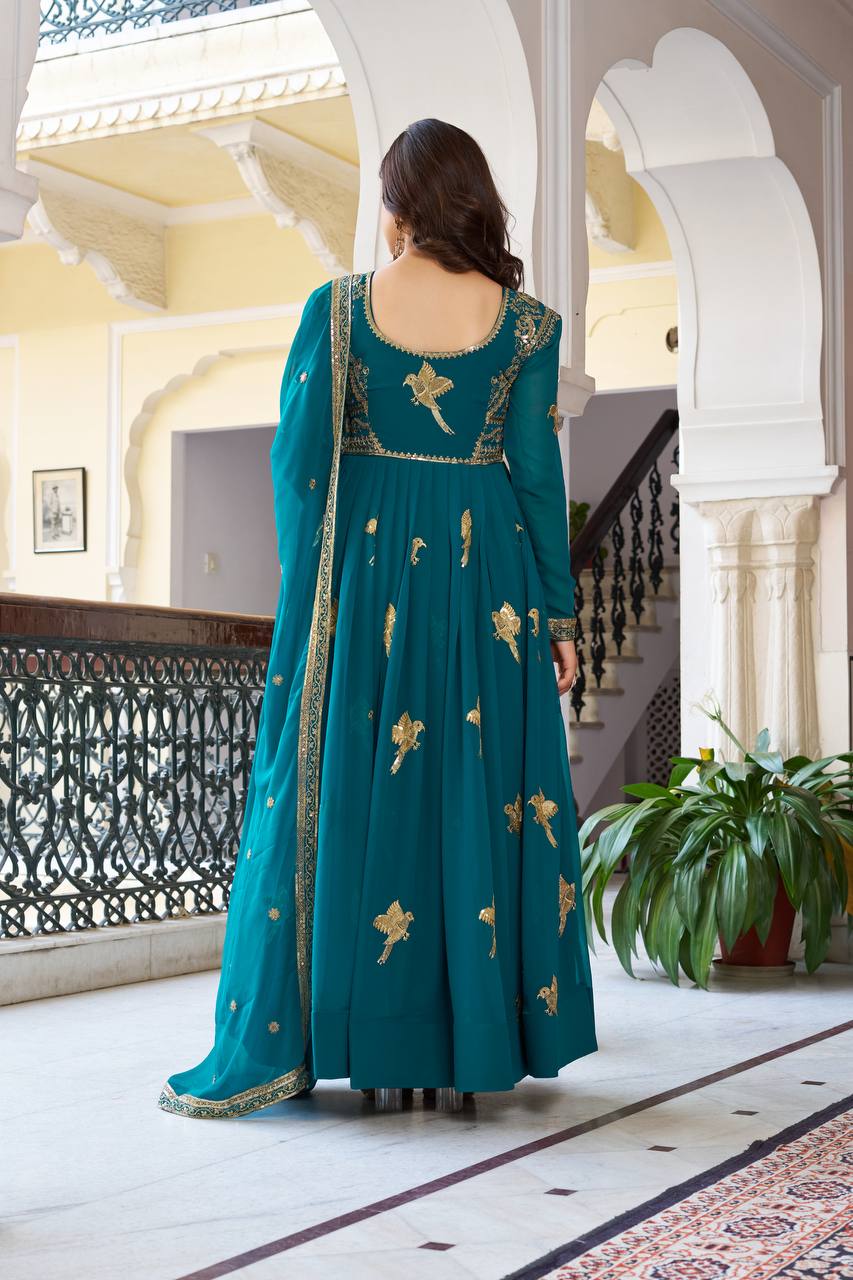 Lehenga Mart Designer Anarkali Suit With Kurta Palazzo Dupatta For Women-Teal Blue