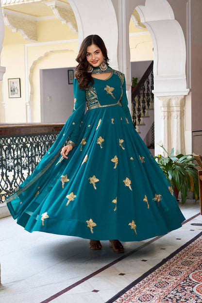 Lehenga Mart Designer Anarkali Suit With Kurta Palazzo Dupatta For Women-Teal Blue