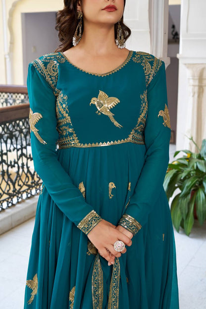 Lehenga Mart Designer Anarkali Suit With Kurta Palazzo Dupatta For Women-Teal Blue