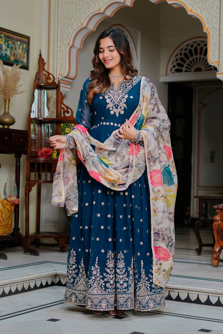 Lehenga Mart Designer Anarkali Suit With Kurta Palazzo Dupatta For Women-Teal