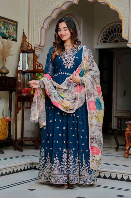 Lehenga Mart Designer Anarkali Suit With Kurta Palazzo Dupatta For Women-Teal