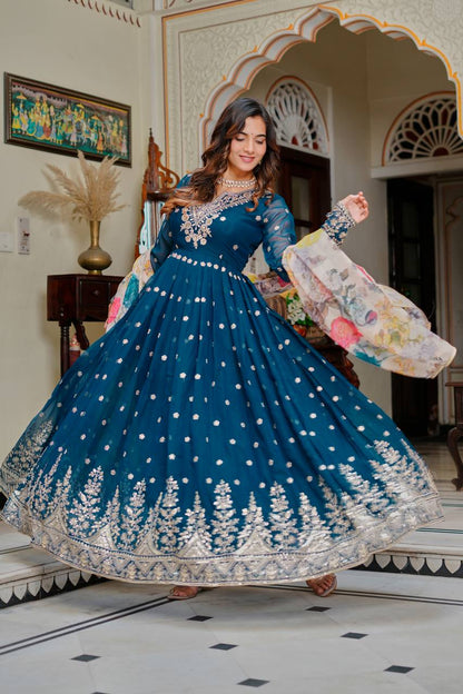 Lehenga Mart Designer Anarkali Suit With Kurta Palazzo Dupatta For Women-Teal