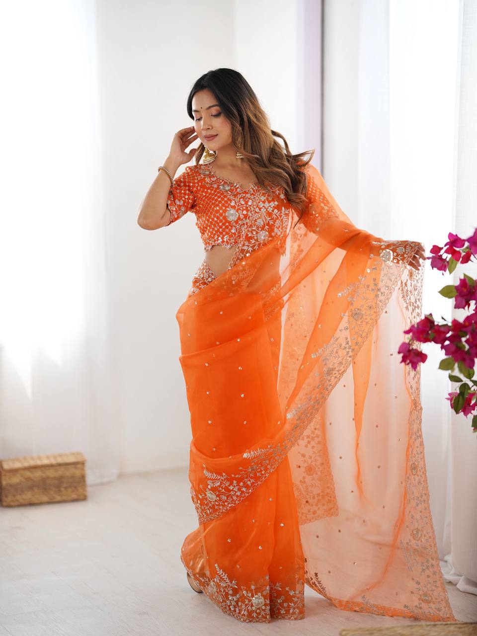 Lehenga Mart Designer Bollywood Style Party Wear Saree-Orange