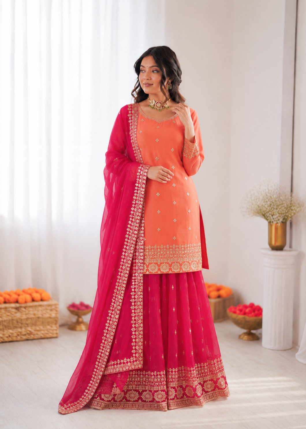 Prazu Fashion Peach Georgette Thtead Embroidered Designer Palazzo Suit