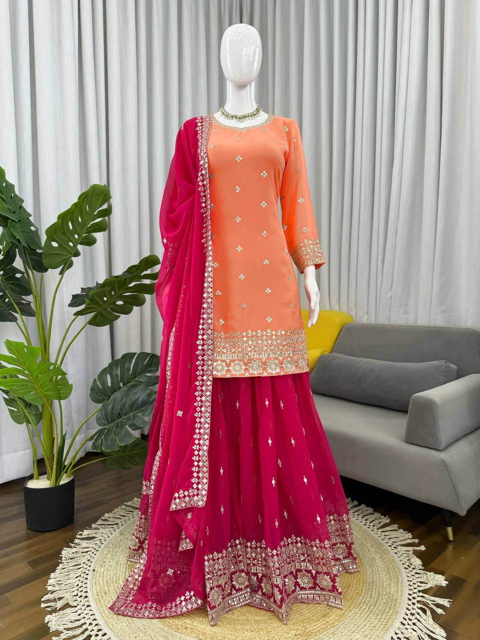 Prazu Fashion Peach Georgette Thtead Embroidered Designer Palazzo Suit