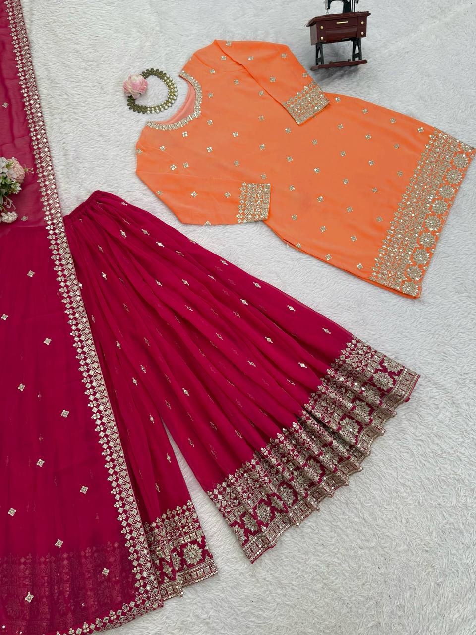 Prazu Fashion Peach Georgette Thtead Embroidered Designer Palazzo Suit