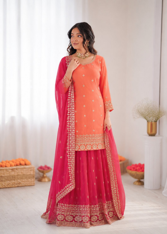Prazu Fashion Peach Georgette Thtead Embroidered Designer Palazzo Suit
