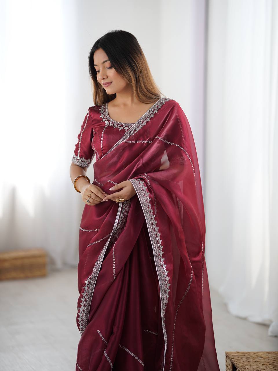 Lehenga Mart Designer Bollywood Style Party Wear Saree-Marun