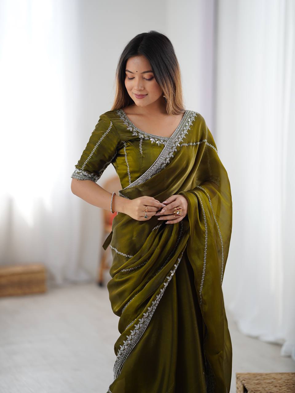Lehenga Mart Designer Bollywood Style Party Wear Saree-Olive