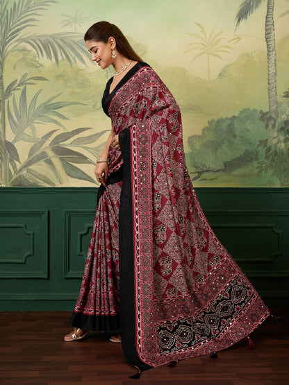 Dwija Fashion Women'S Party Wear Digital Printed With Mirror Work Chinon Silk Designer Saree With Unstitched Blouse-Deep Maroon