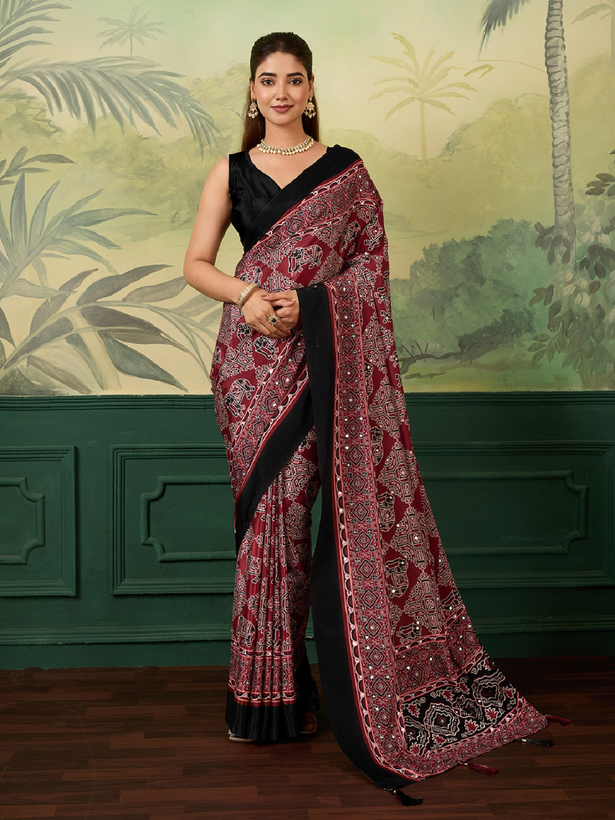 Dwija Fashion Women'S Party Wear Digital Printed With Mirror Work Chinon Silk Designer Saree With Unstitched Blouse-Deep Maroon