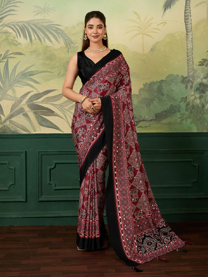 Dwija Fashion Women'S Party Wear Digital Printed With Mirror Work Chinon Silk Designer Saree With Unstitched Blouse-Deep Maroon
