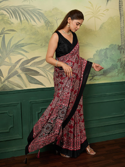 Dwija Fashion Women'S Party Wear Digital Printed With Mirror Work Chinon Silk Designer Saree With Unstitched Blouse-Deep Maroon