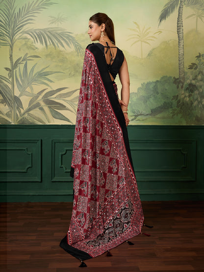 Dwija Fashion Women'S Party Wear Digital Printed With Mirror Work Chinon Silk Designer Saree With Unstitched Blouse-Deep Maroon