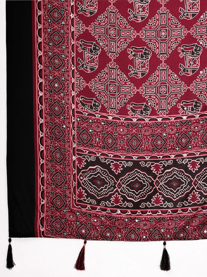 Dwija Fashion Women'S Party Wear Digital Printed With Mirror Work Chinon Silk Designer Saree With Unstitched Blouse-Deep Maroon