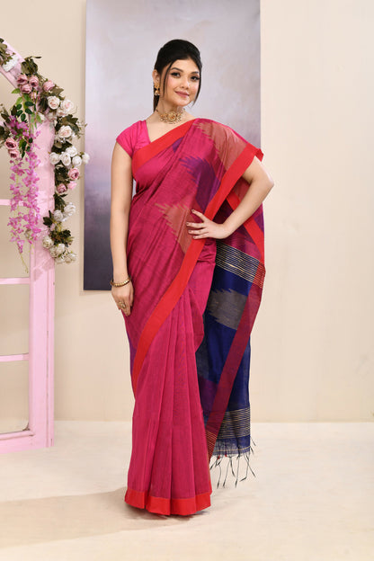 Piyari Fashion Women's Pink Temple Border Embellished Cotton Blend Jamdani Saree