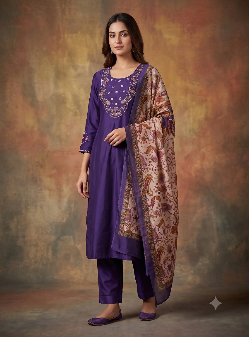 Teeya Creation Women Purple Embroidered Straight Kurta Set With Dupatta