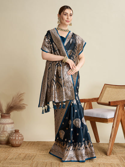 Dwija Fashion Deep Blue Wedding Wear Satin Jari Motifs All Over Pallu And Saree With Unstitched Blouse