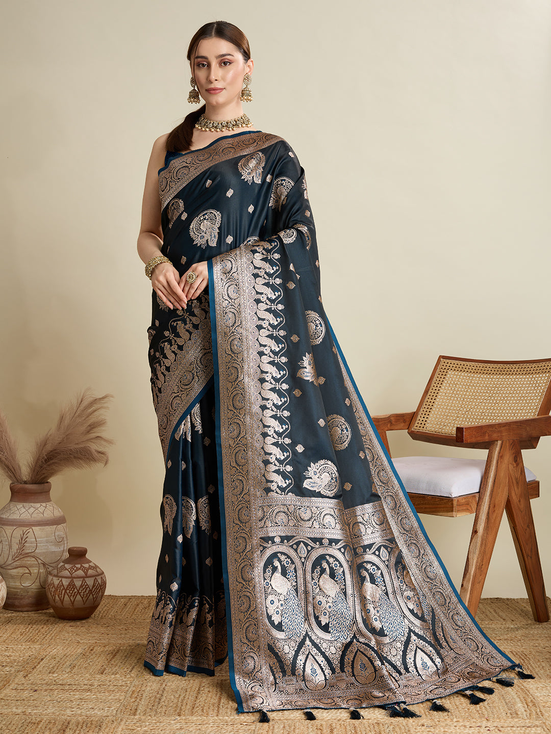 Dwija Fashion Deep Blue Wedding Wear Satin Jari Motifs All Over Pallu And Saree With Unstitched Blouse