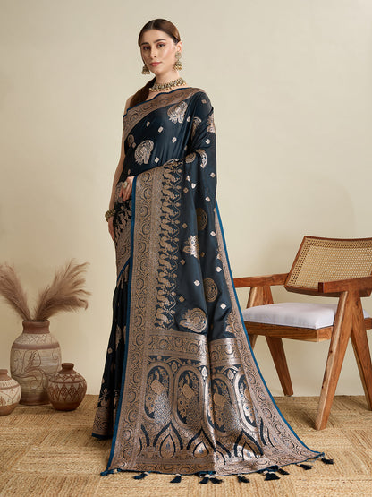 Dwija Fashion Deep Blue Wedding Wear Satin Jari Motifs All Over Pallu And Saree With Unstitched Blouse