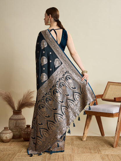 Dwija Fashion Deep Blue Wedding Wear Satin Jari Motifs All Over Pallu And Saree With Unstitched Blouse