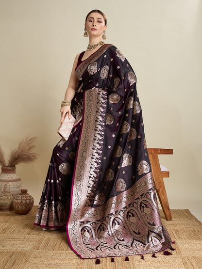 Dwija Fashion Deep Wine Wedding Wear Satin Jari Motifs All Over Pallu And Saree With Unstitched Blouse