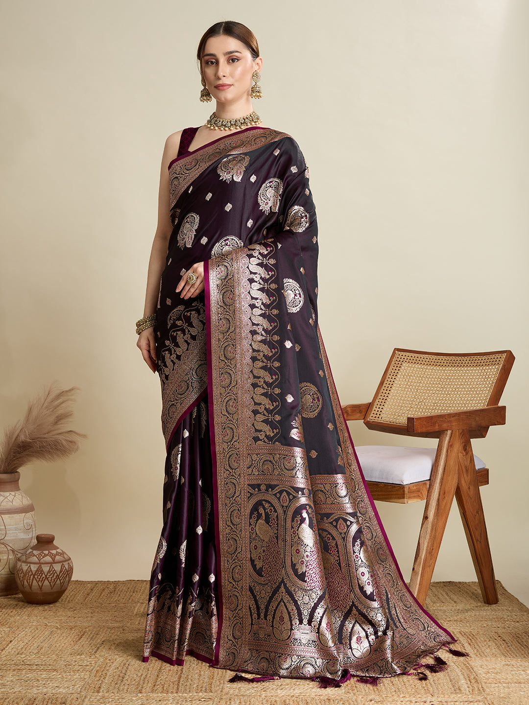 Dwija Fashion Deep Wine Wedding Wear Satin Jari Motifs All Over Pallu And Saree With Unstitched Blouse