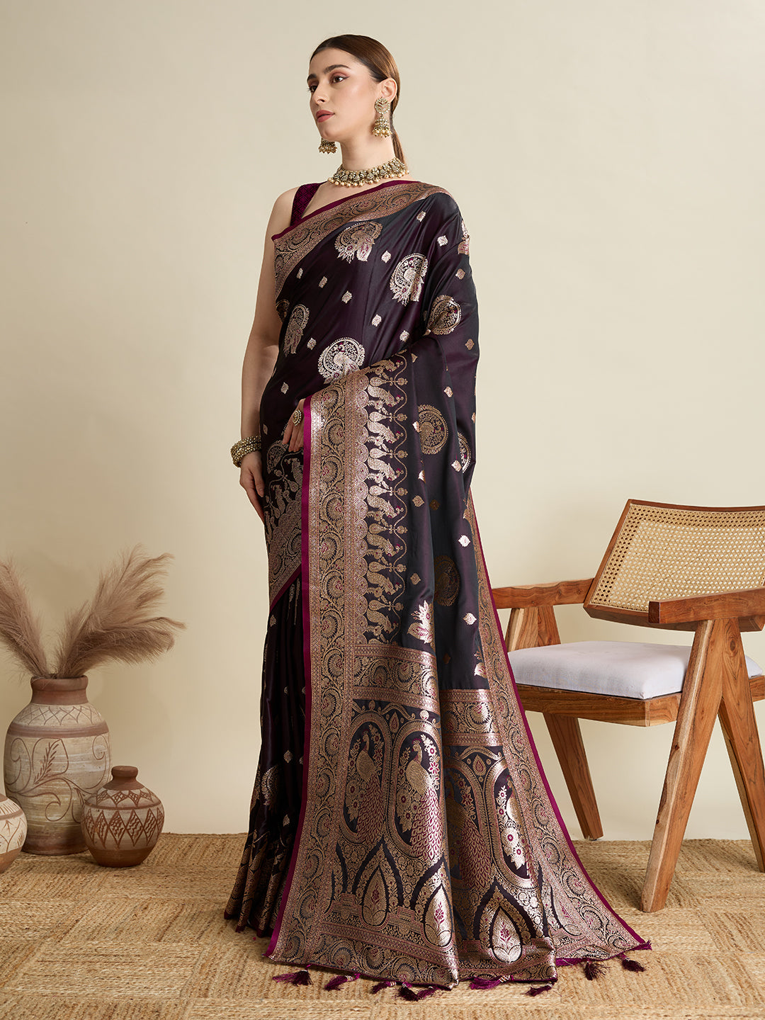 Dwija Fashion Deep Wine Wedding Wear Satin Jari Motifs All Over Pallu And Saree With Unstitched Blouse