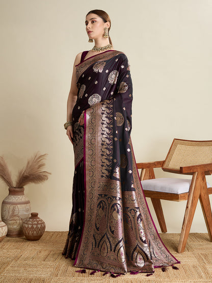Dwija Fashion Deep Wine Wedding Wear Satin Jari Motifs All Over Pallu And Saree With Unstitched Blouse