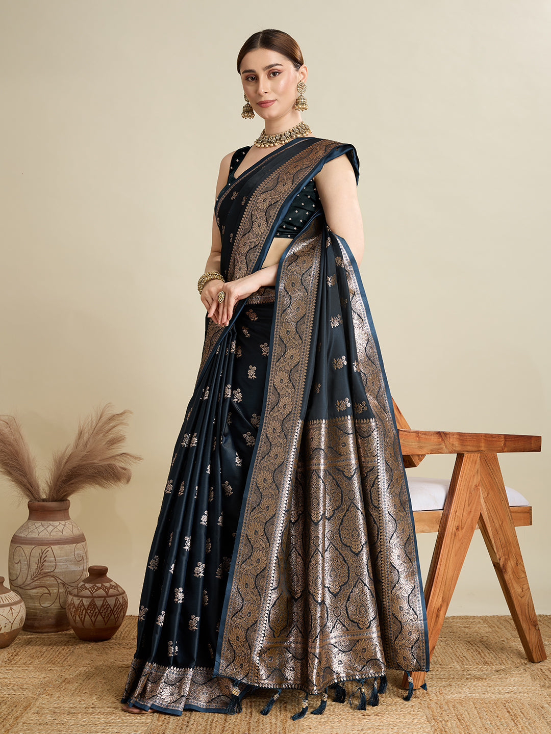 Dwija Fashion Black Wedding Wear Satin Jari Motifs All Over Pallu And Saree With Unstitched Blouse