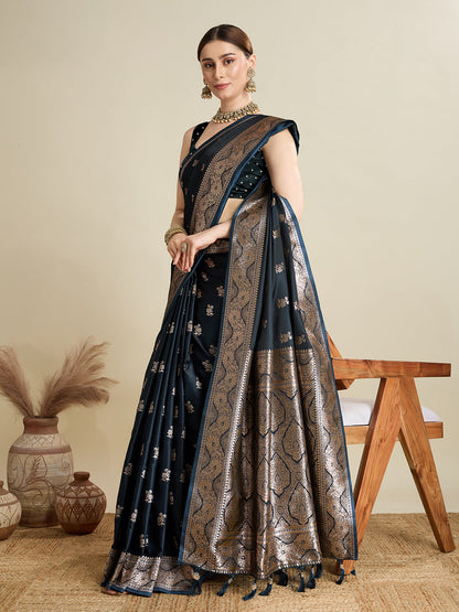 Dwija Fashion Black Wedding Wear Satin Jari Motifs All Over Pallu And Saree With Unstitched Blouse