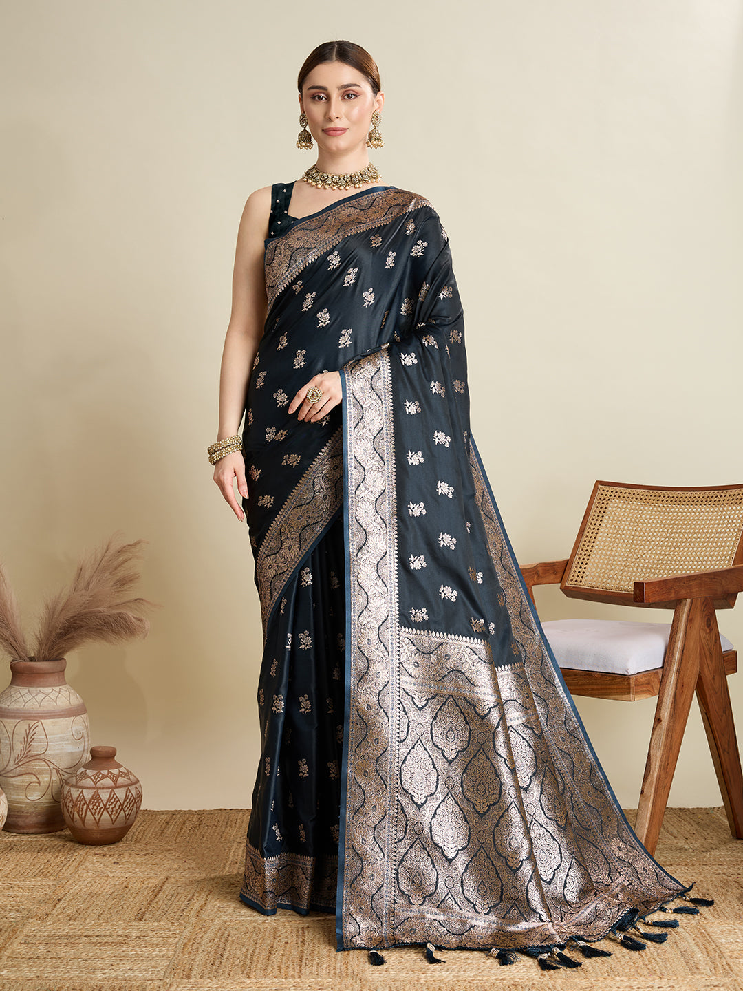 Dwija Fashion Black Wedding Wear Satin Jari Motifs All Over Pallu And Saree With Unstitched Blouse