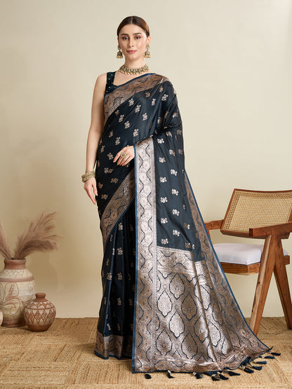 Dwija Fashion Black Wedding Wear Satin Jari Motifs All Over Pallu And Saree With Unstitched Blouse